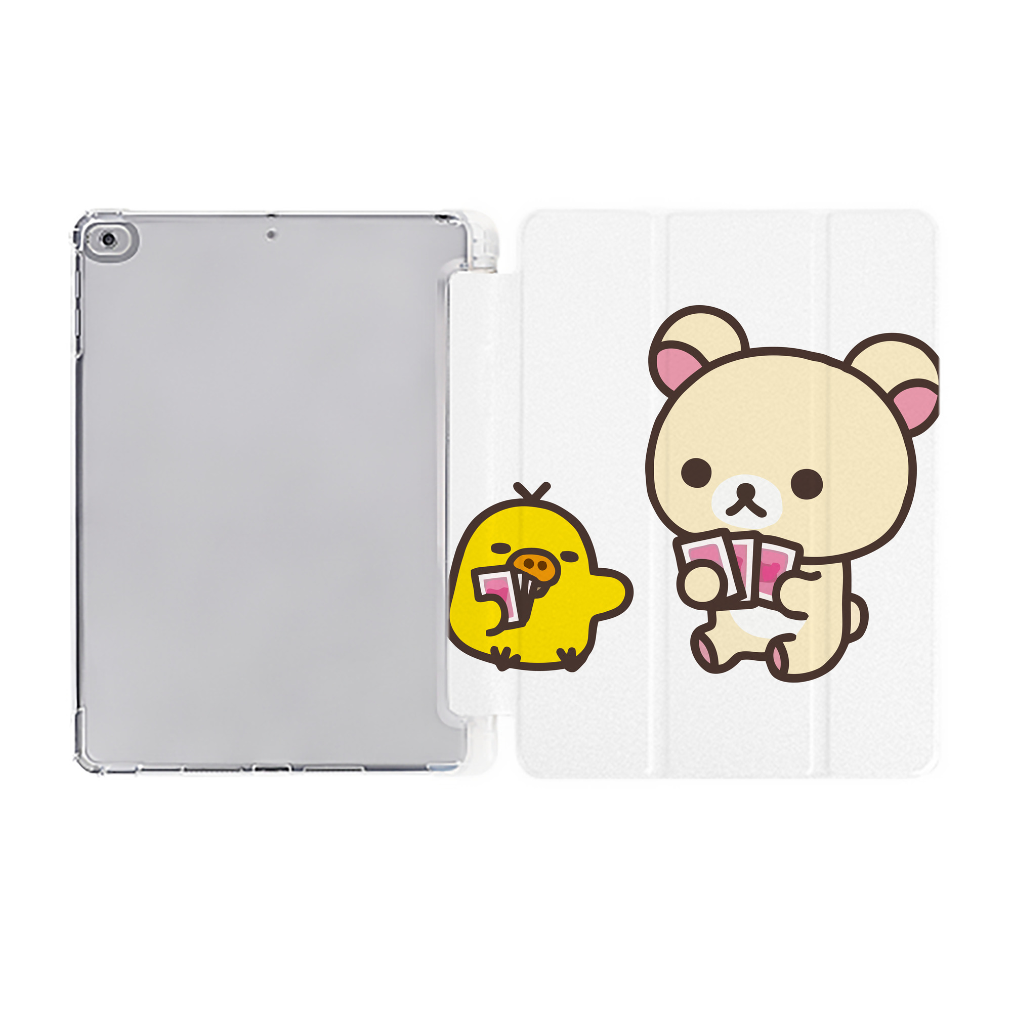 （画像用） リラックマ リラックマ キイロイトリ Rilakkuma Korilakkuma Kiiroitori IPad ケース ペン収納付き 三つ折りスタンド PUレザー×シリコン 対応機種9.5/10.5/10.9インチ